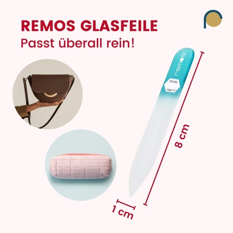 Glasnagelfeile REMOS, 8 cm lang, 1 cm breit. Text: Passt überall rein!