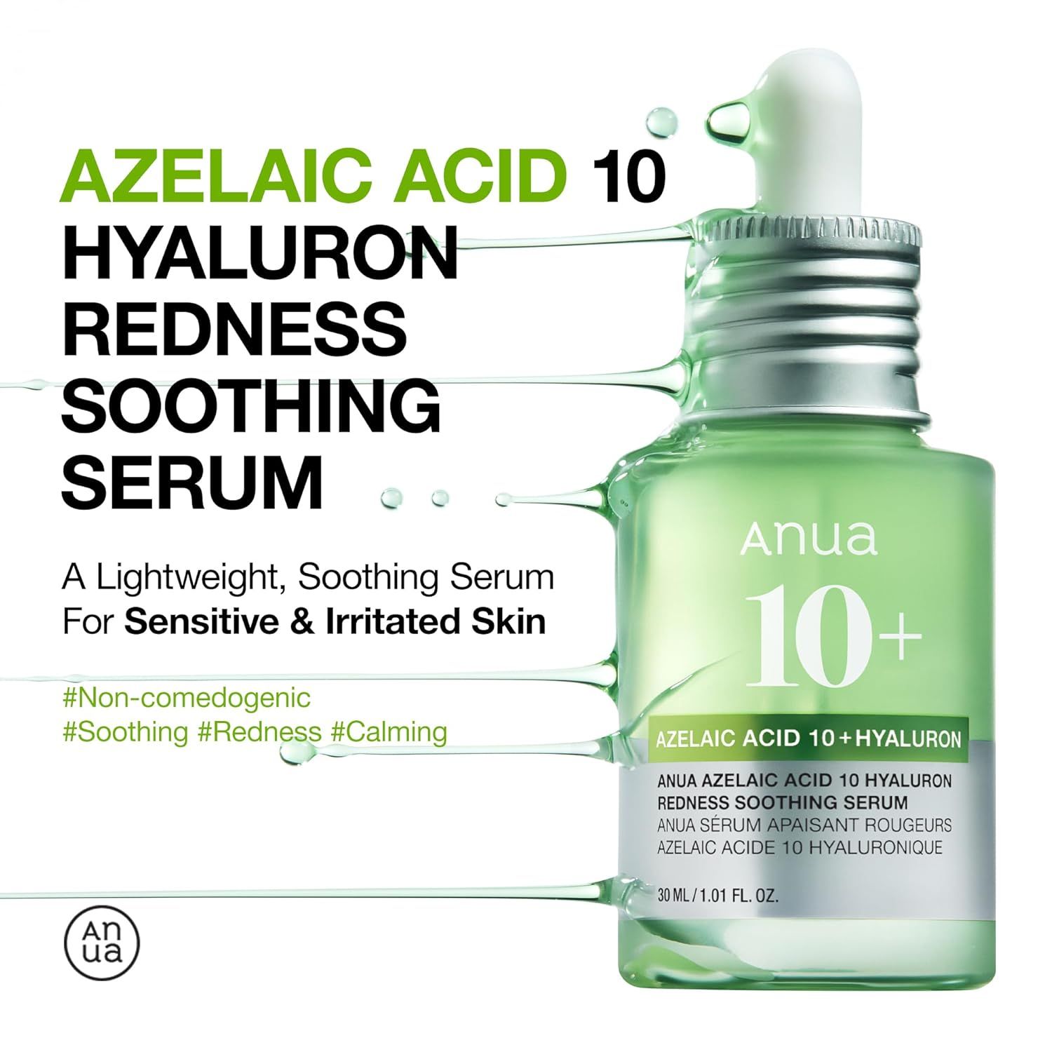 Anua Azelaic Acid 10 Hyaluron Serum: Flasche und Text über beruhigende Eigenschaften.