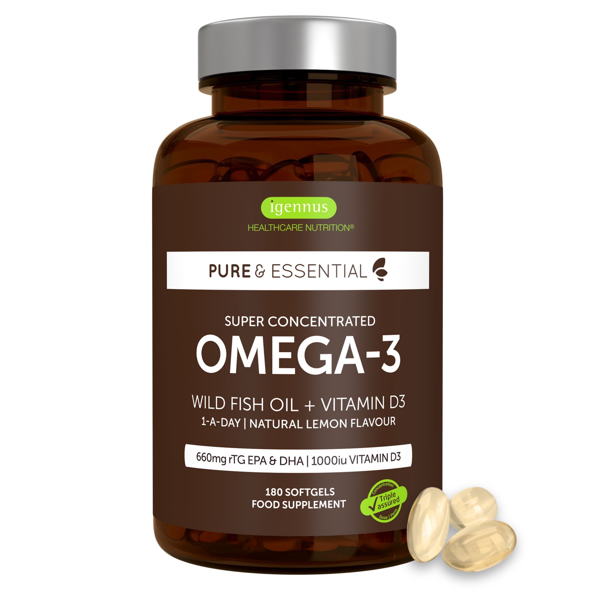 Flasche Igennus Omega-3 Wild Fish Oil + Vitamin D3, 180 Softgels.