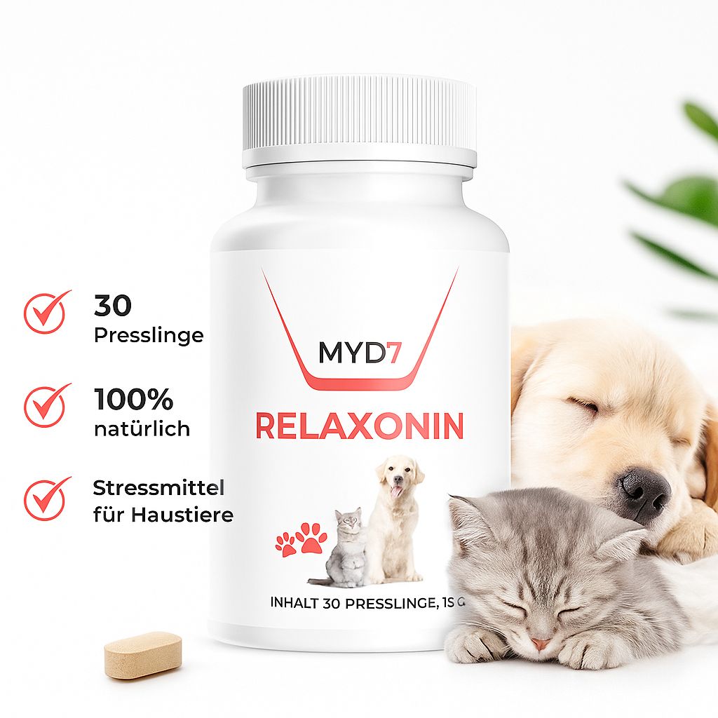 Weiße Flasche mit rotem Etikett. Aufschrift: MYD7, RELAXONIN. Abbildung von Katze und Hund. Text: INHALT 30 PRESSLINGE, 15 G. Hund und Katze schlafen.