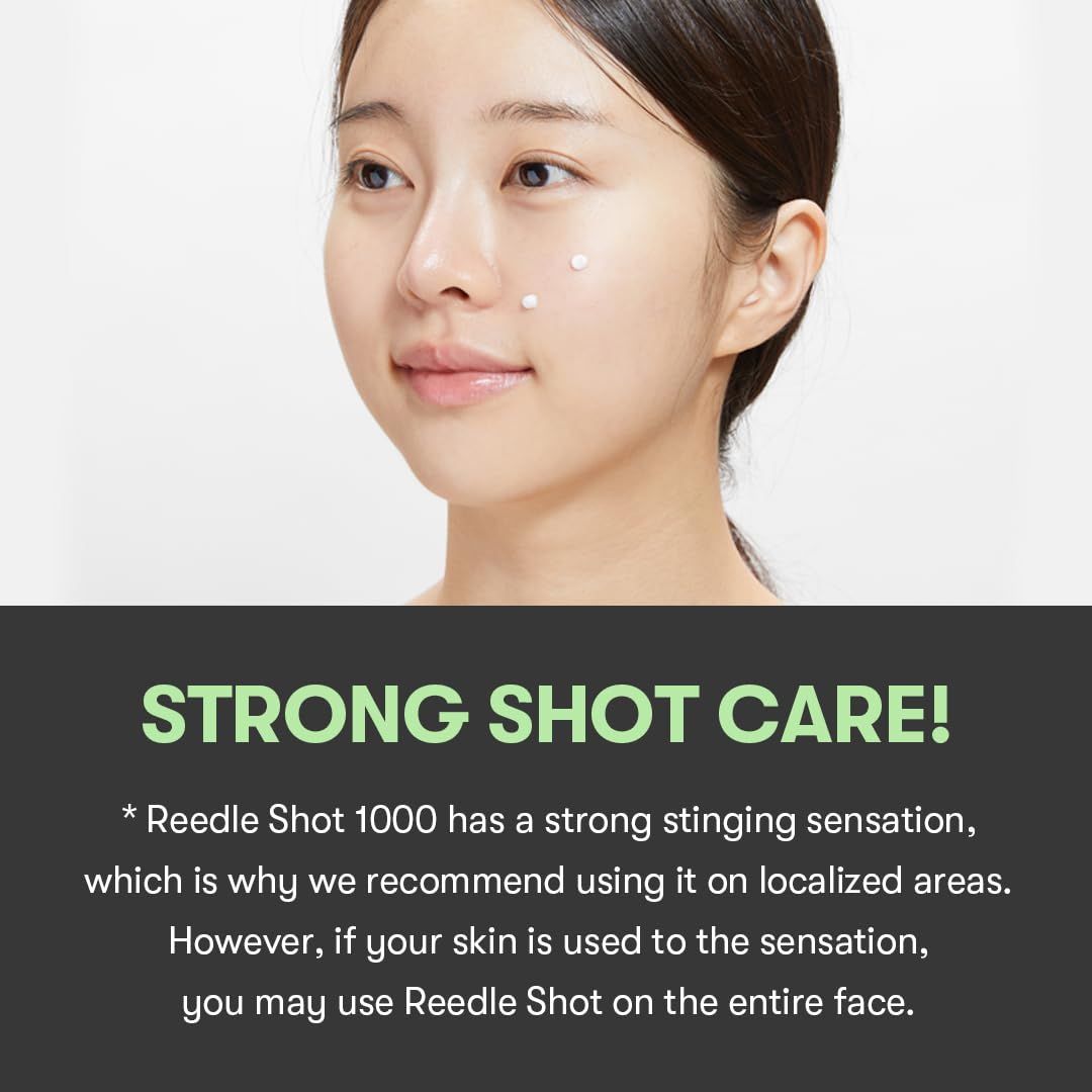 Nahaufnahme eines Gesichts mit zwei kleinen Punkten. Text: STRONG SHOT CARE! Empfehlung für lokale Anwendung.