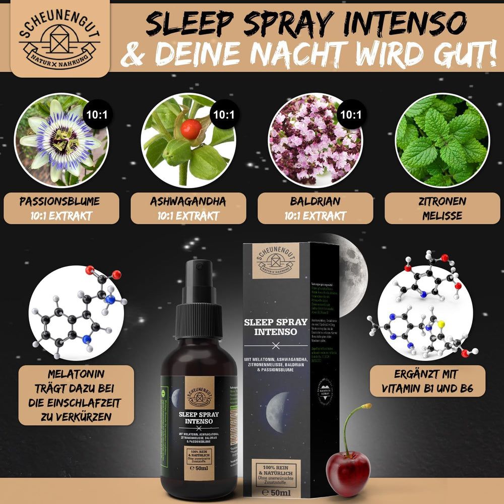 Scheunengut Sleep Spray Intenso mit Melatonin, Ashwagandha, Zitronenmelisse und Baldrian. Mit Molekülstrukturen und Früchten.