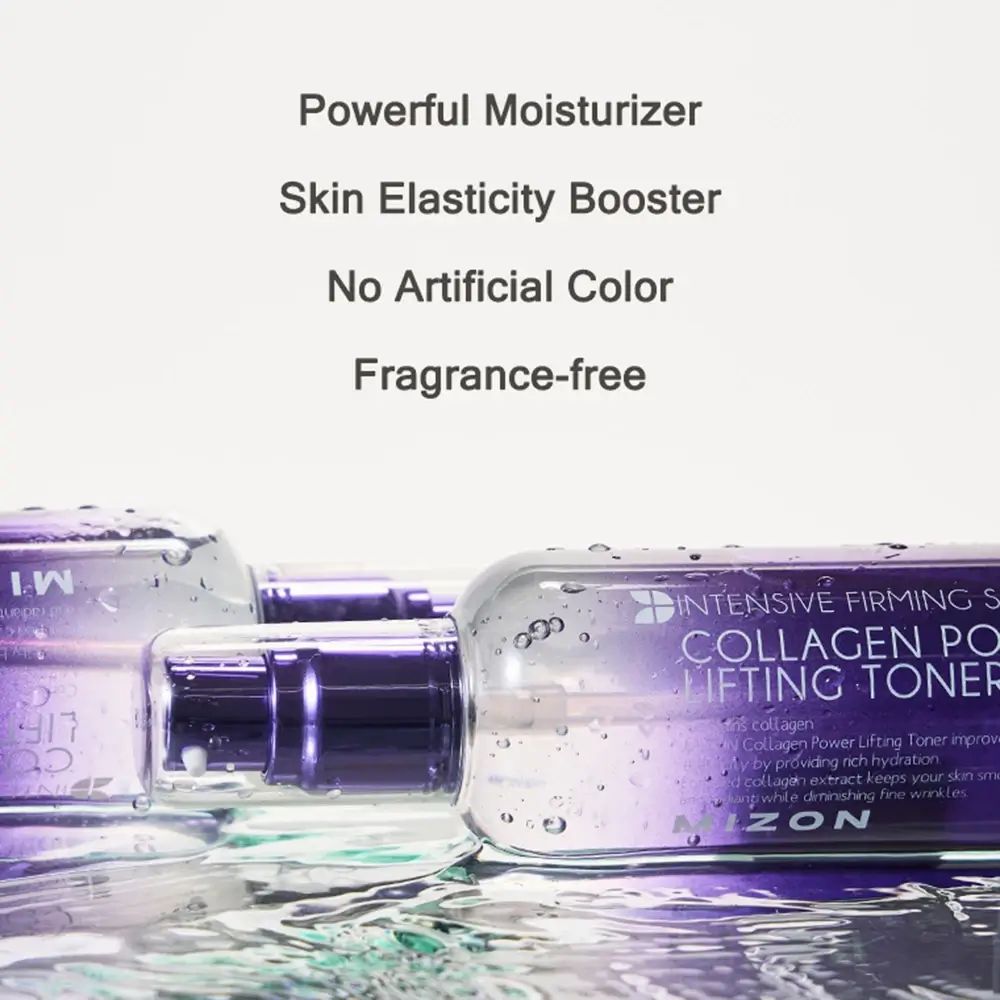 Mehrere Flaschen Toner im Wasser. Aufschrift: MIZON Collagen Power Lifting Toner. Text: Powerful Moisturizer, Skin Elasticity Booster.