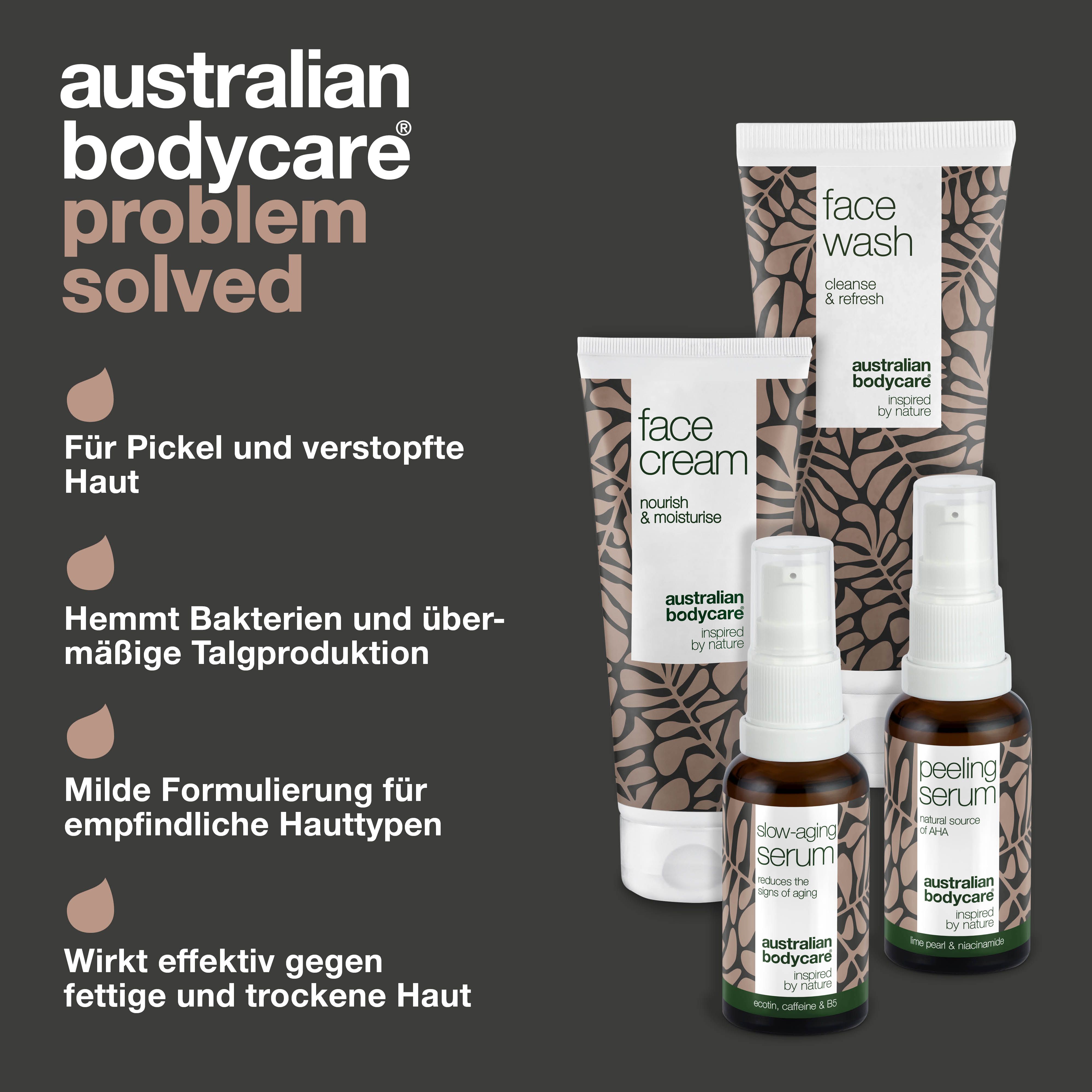 Australian Bodycare Produkte. Problem gelöst: Pickel, Bakterien, fettige/trockene Haut. Milde Formel für empfindliche Haut.