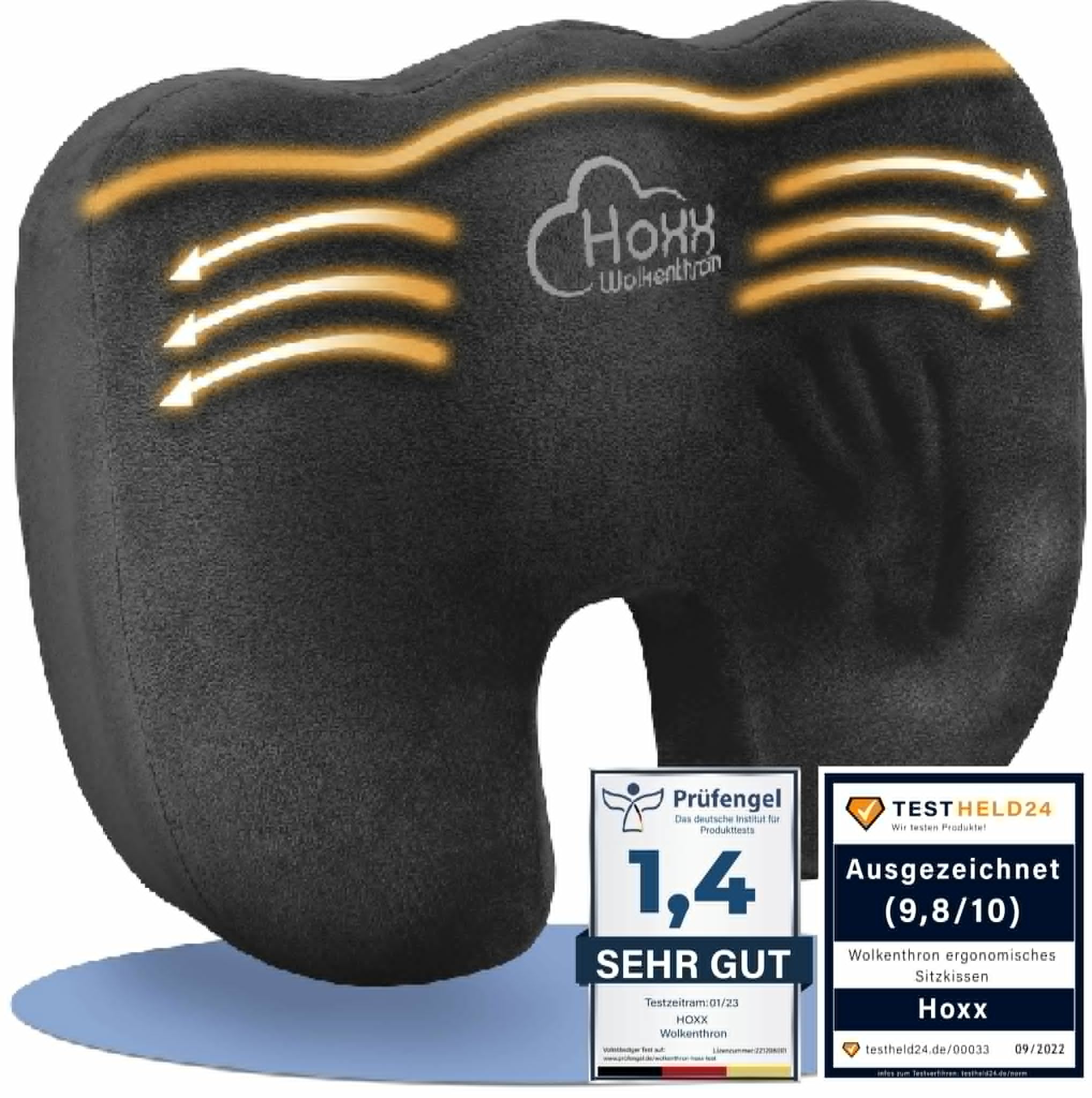 Schwarzes ergonomisches Sitzkissen mit Auszeichnungen "Sehr Gut" und "Ausgezeichnet".