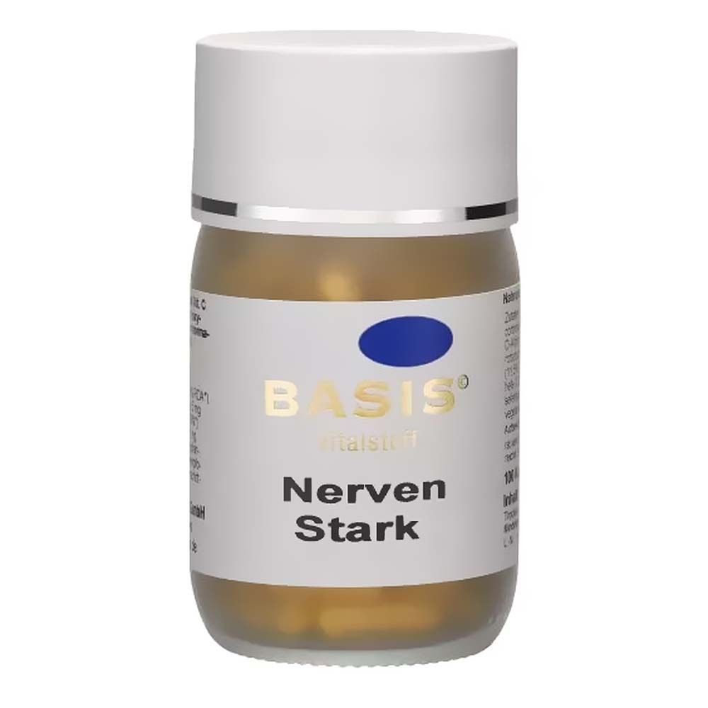 Braune Kapseln in einer Glasflasche mit weißem Deckel. Aufschrift: BASIS Nerven Stark.
