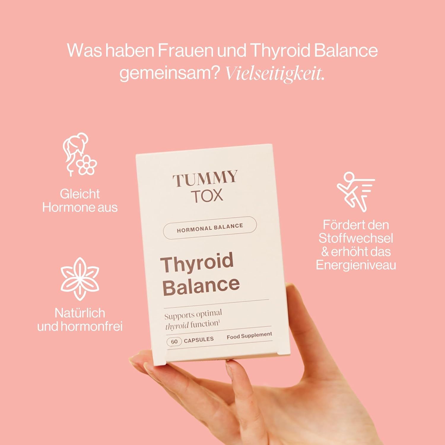 Hand hält eine Packung "Tummy Tox Thyroid Balance". Aufschrift: Hormonelles Gleichgewicht, 60 Kapseln. Symbole: Hormone, Stoffwechsel, natürlich.