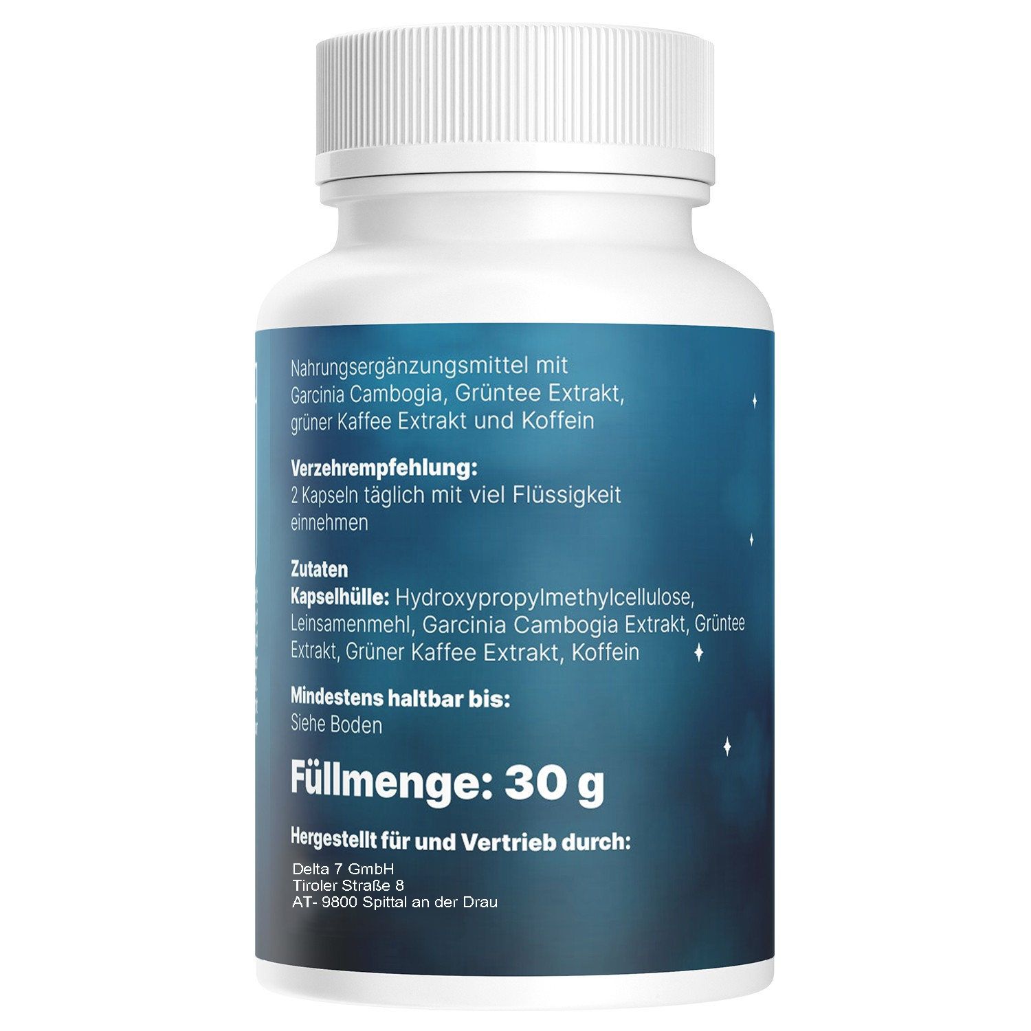 Rückseite der weißen Flasche. Text: Nahrungsergänzungsmittel mit Inhaltsstoffen. Füllmenge: 30 g. Herstellerinformationen.