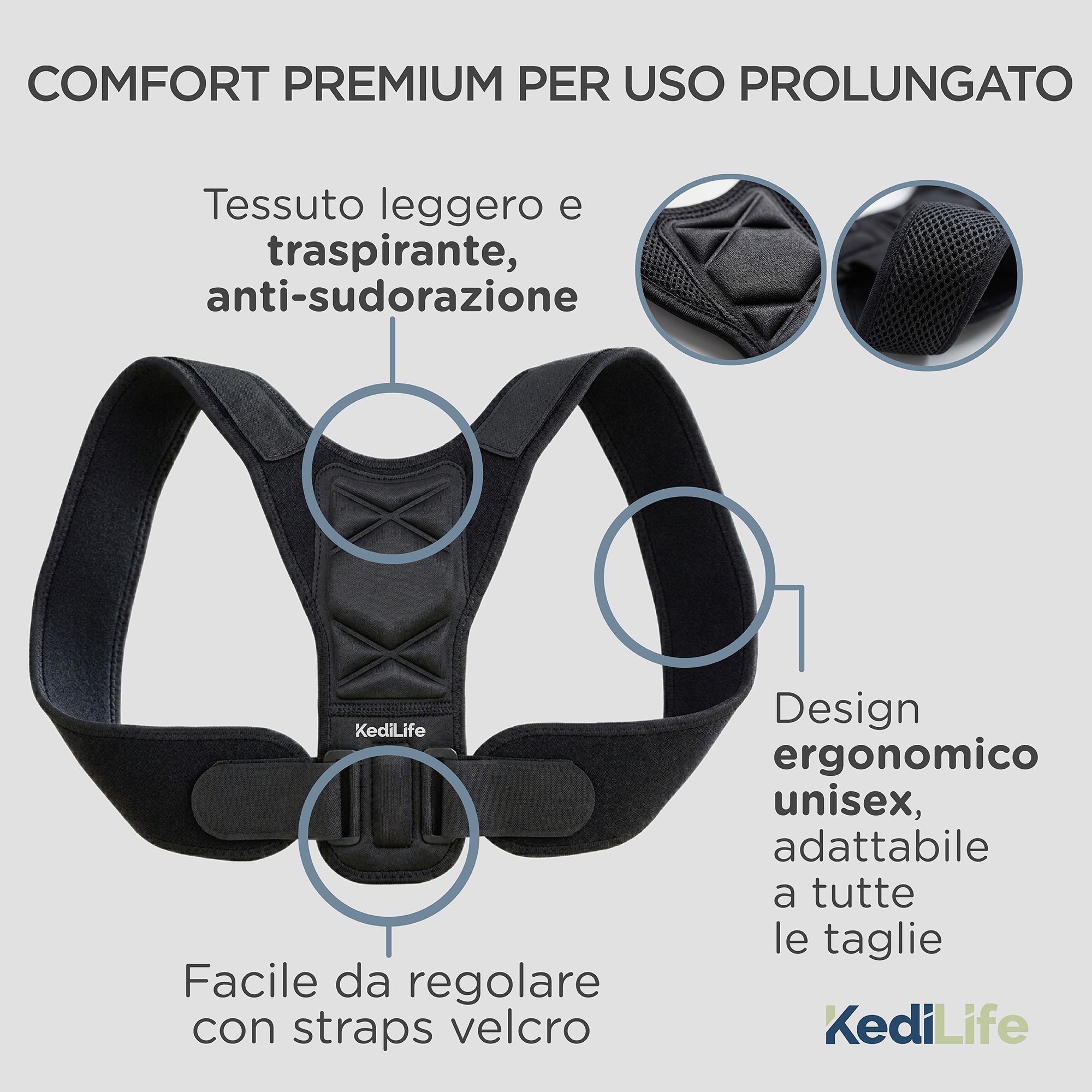 KediLife-Haltungskorrektur, schwarz. Ergonomisches Design, atmungsaktives Material. KediLife-Logo.