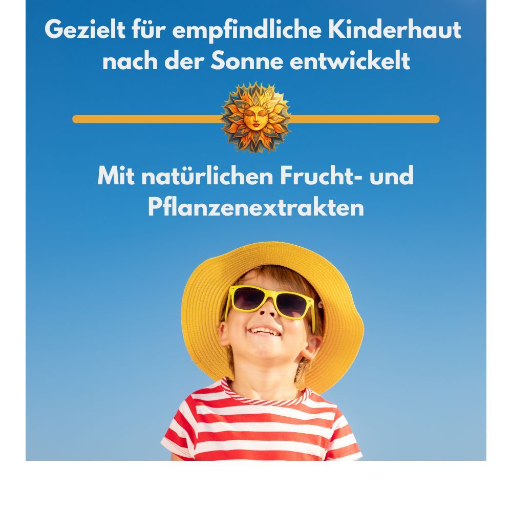 Kind mit Sonnenbrille und Hut. Text: Gezielt für empfindliche Kinderhaut nach der Sonne entwickelt. Mit natürlichen Frucht- und Pflanzenextrakten.