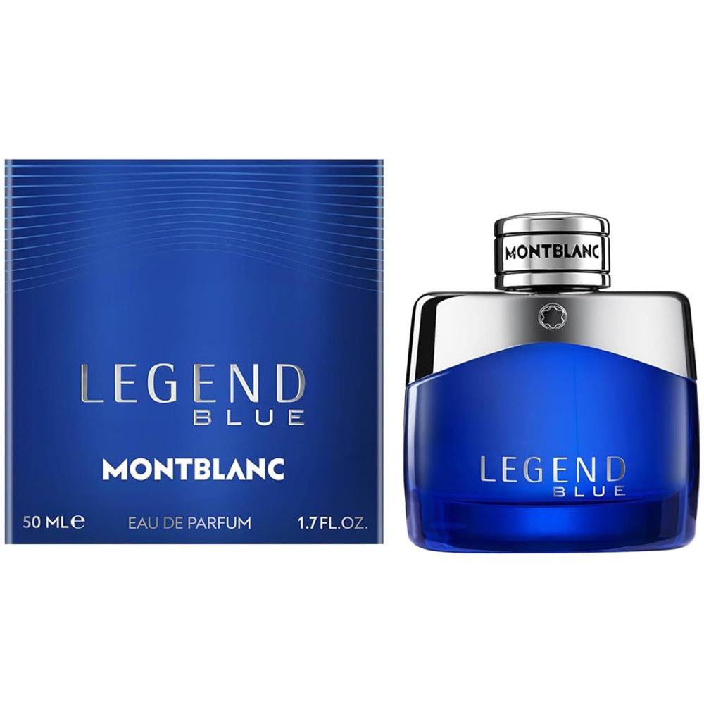 Blaues Montblanc Legend Blue EdP-Flakon und Schachtel. Flakon mit silberner Kappe. Schachtel mit Produktnamen.