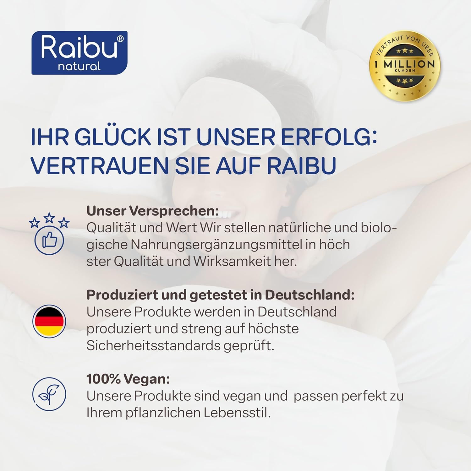 Text: Ihr Glück ist unser Erfolg. Qualität, vegan, hergestellt in Deutschland. 1 Million zufriedene Kunden.
