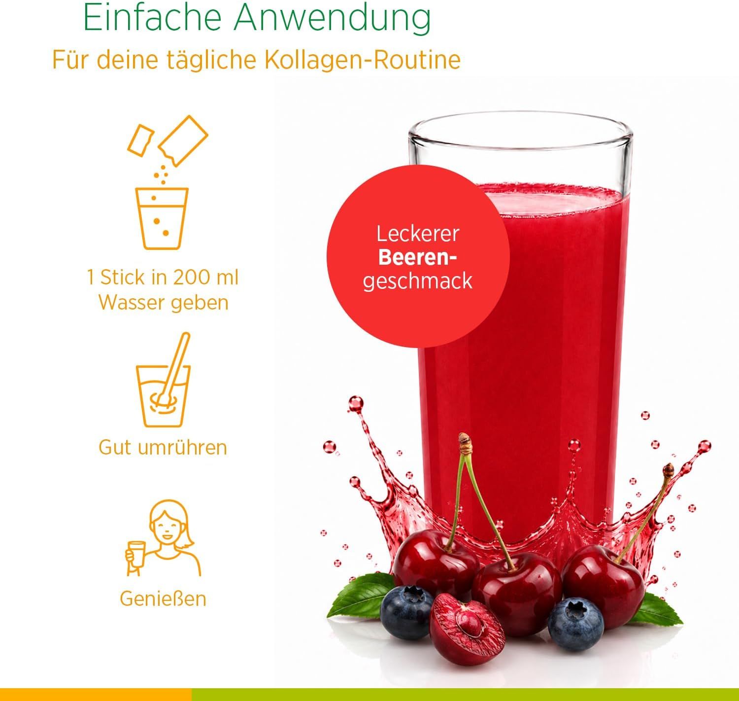 Anwendung: 1 Stick in Wasser geben, umrühren, genießen. Rotes Getränk mit Beeren.