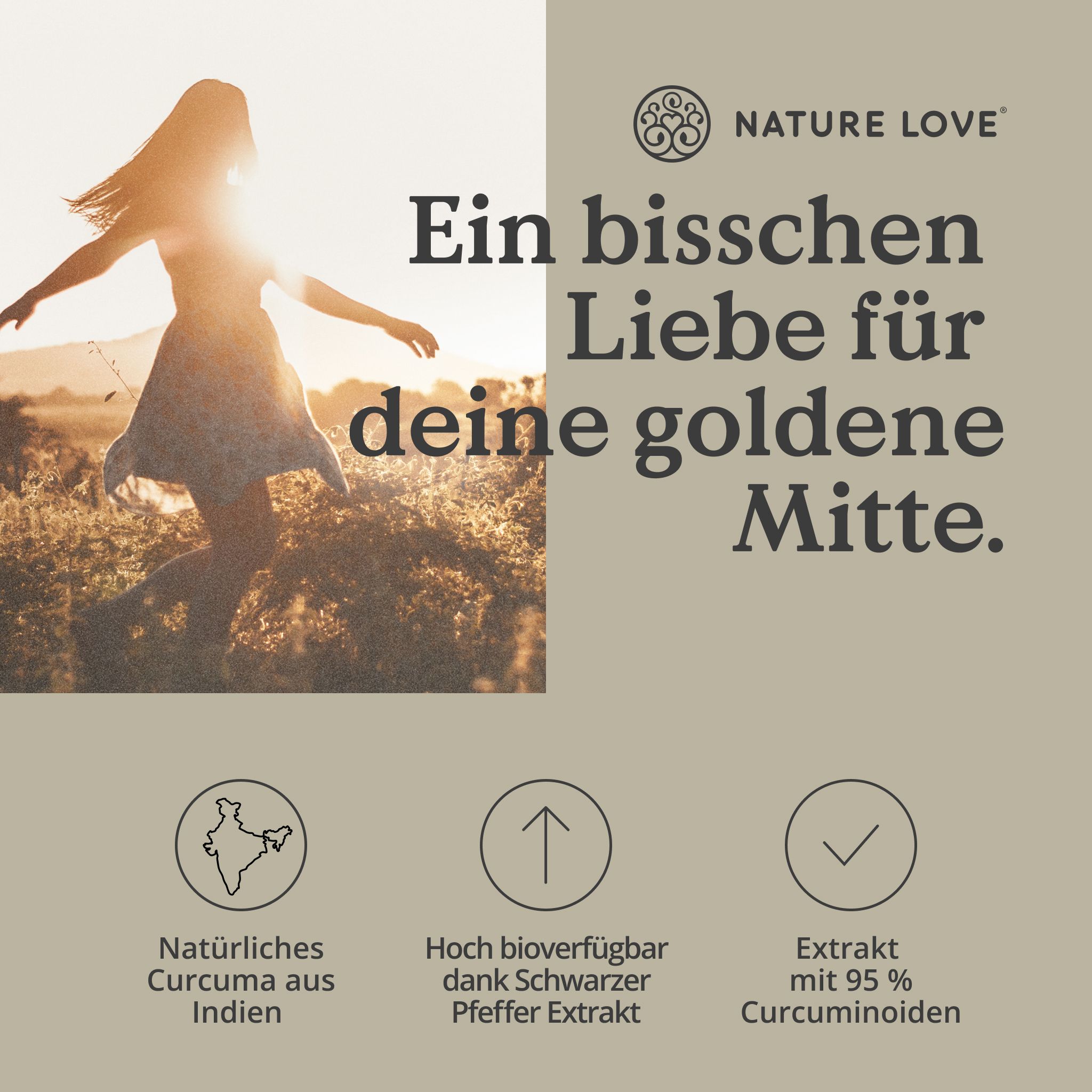 Text mit Icons: Natürliches Curcuma aus Indien, hoch bioverfügbar dank Schwarzer Pfeffer Extrakt, Extrakt mit 95% Curcuminoiden.