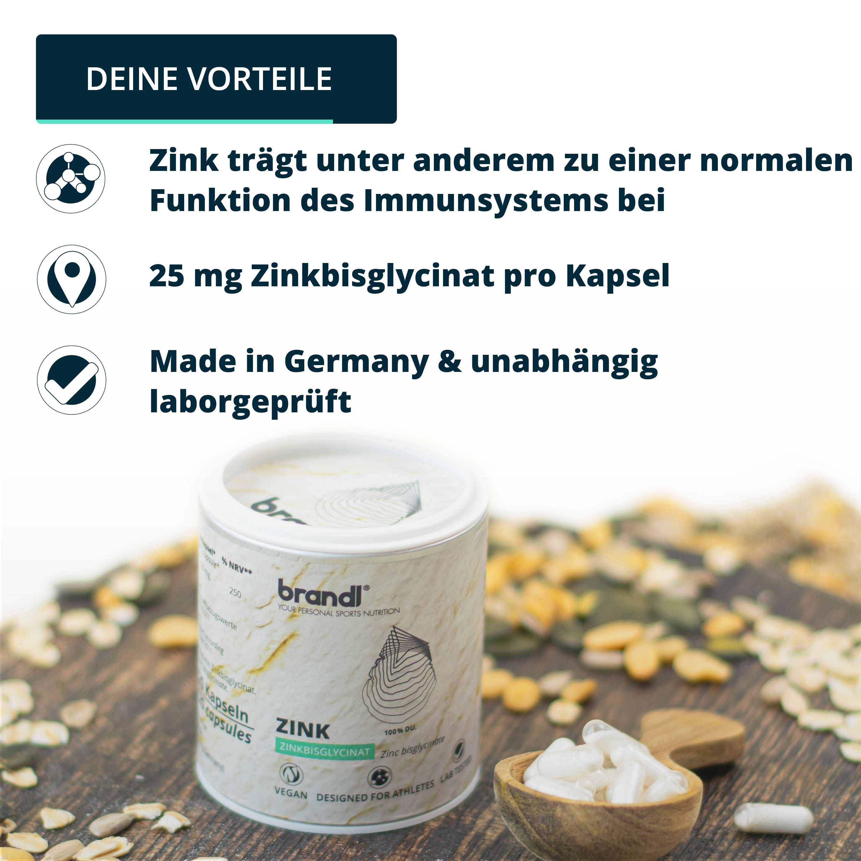 Werbung für brandl® Zink Kapseln. Text: Zink für Immunsystem, 25 mg Zinkbisglycinat pro Kapsel, Made in Germany. Dose und Kapseln.