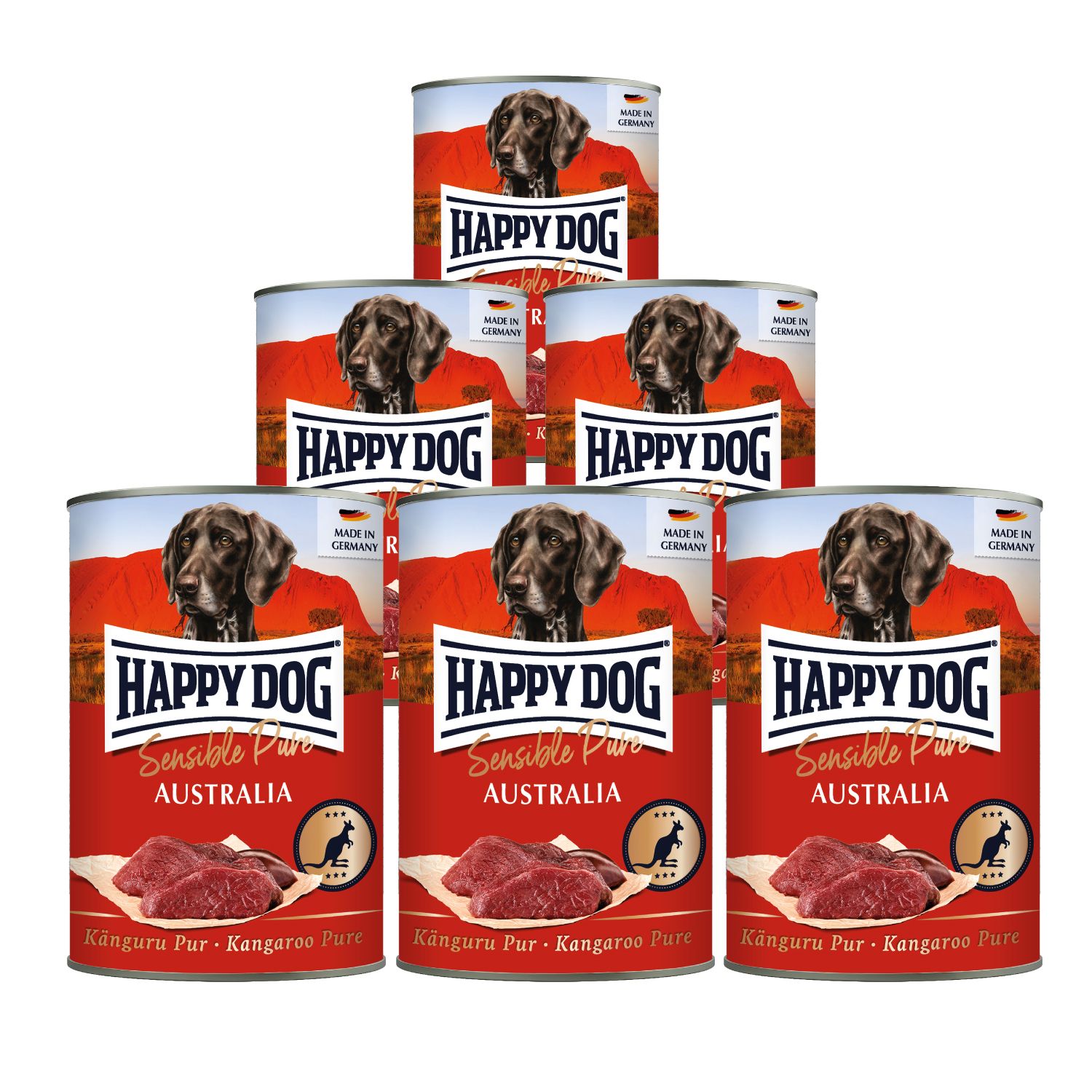 Dosenfutter für Hunde. Sechs Dosen, rot, mit dem Logo "HAPPY DOG", Text "Sensible Pure Australia" und Abbildung eines Hundes.