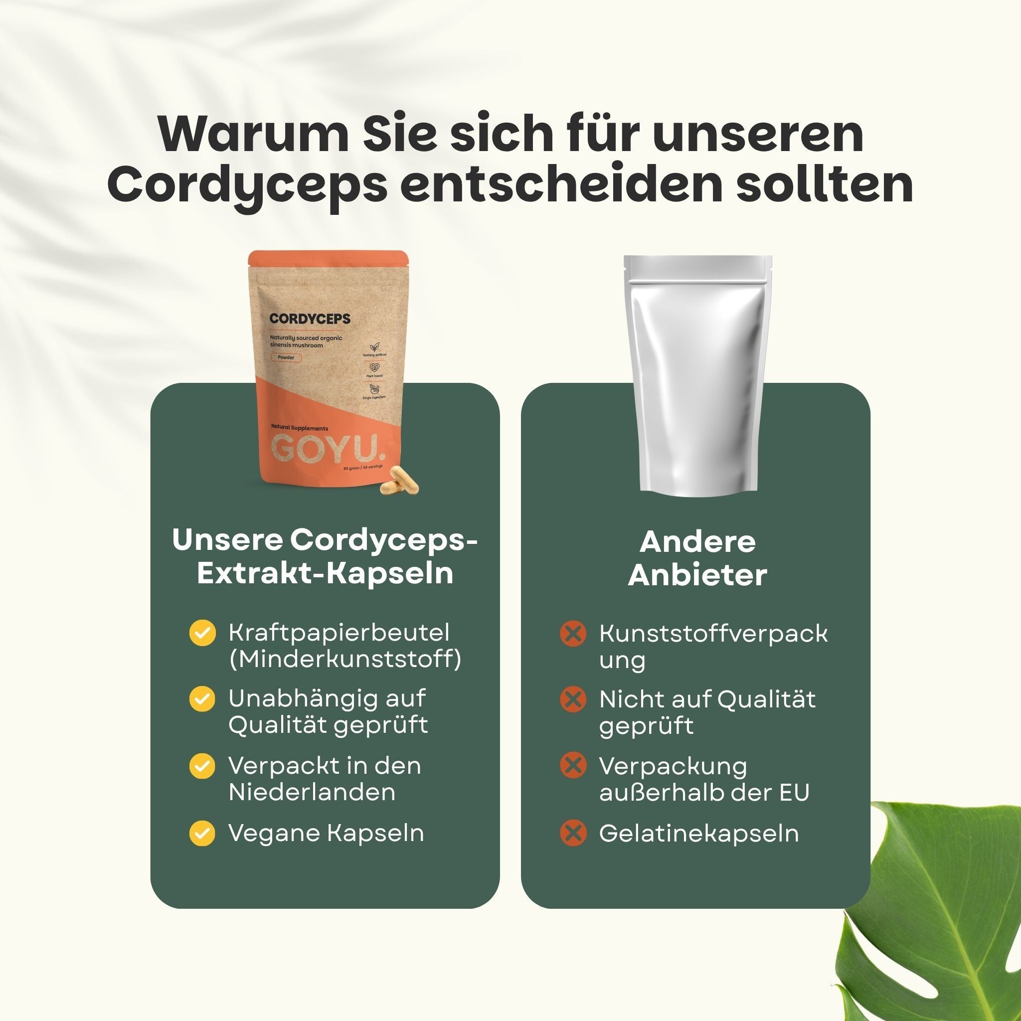 Vergleich von Cordyceps-Kapseln: Kraftpapierbeutel vs. Kunststoffverpackung, Qualitätsprüfung, Herkunft und Kapselmaterial.