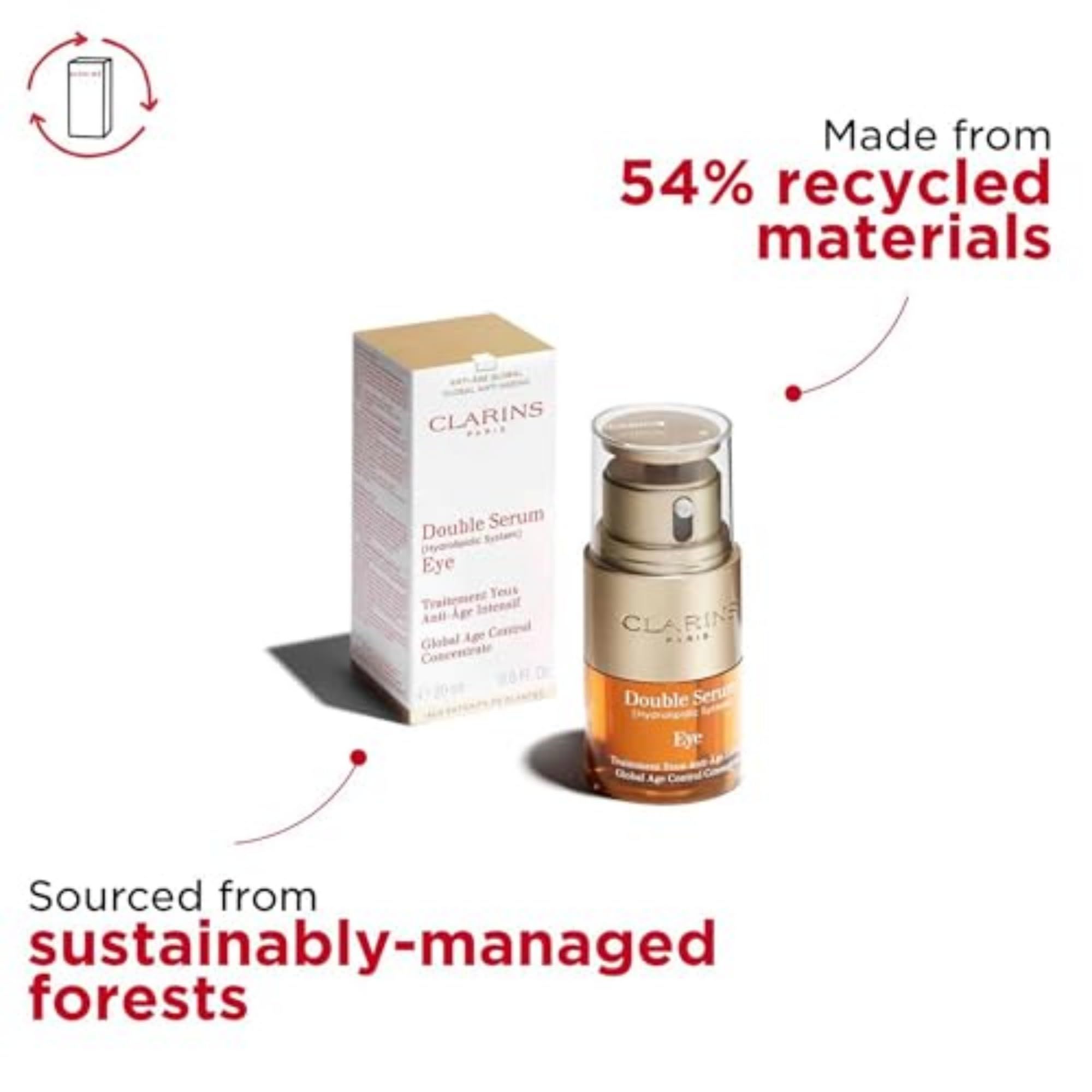Produktverpackung und Flakon. Text: CLARINS, Double Serum Eye. Hergestellt aus 54% recycelten Materialien. Aus nachhaltigen Wäldern.