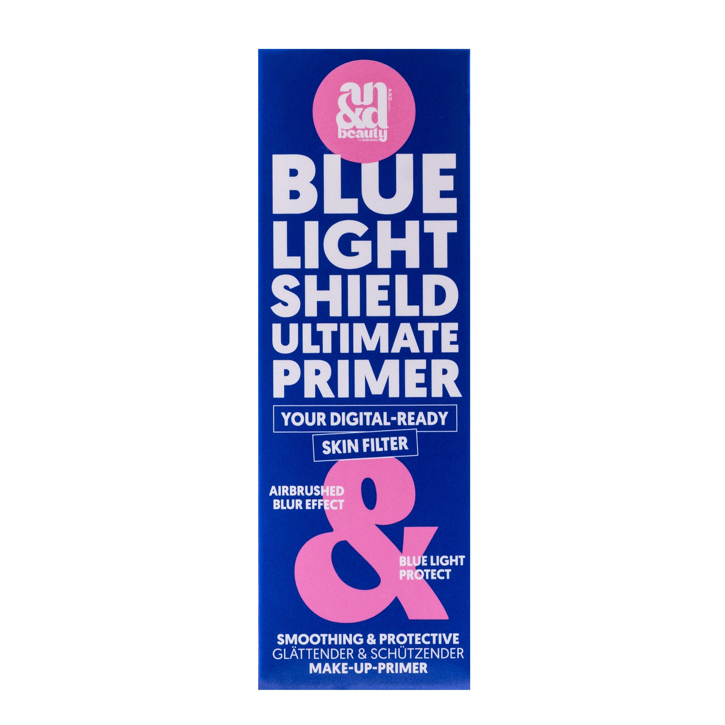 Verpackung für A.N.D.beauty Blue Light Shield Ultimate Primer. Enthält Text und das Markenlogo.