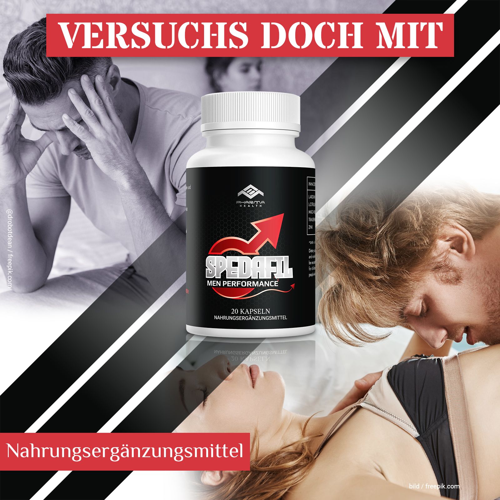 Weiße Flasche mit schwarzem Etikett. Roter Pfeil und Schriftzug Spedafil Men Performance. 20 Kapseln. Nahrungsergänzungsmittel.