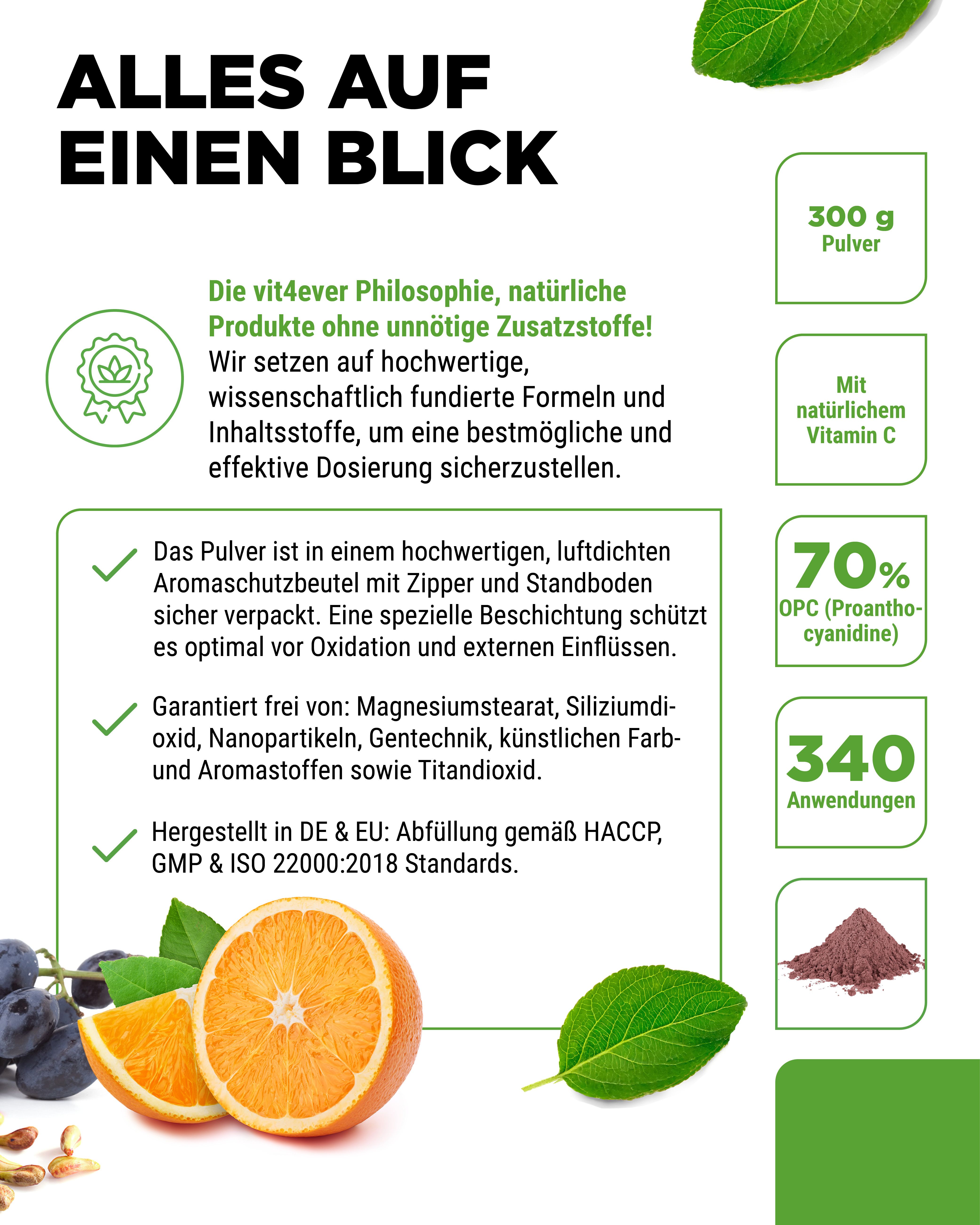 Produktbeutel, Text: OPC PLUS, Grape Seed Extract + Vitamin C, 100% Vegan. Illustrationen: 300 g Pulver, 70% OPC, 340 Anwendungen.