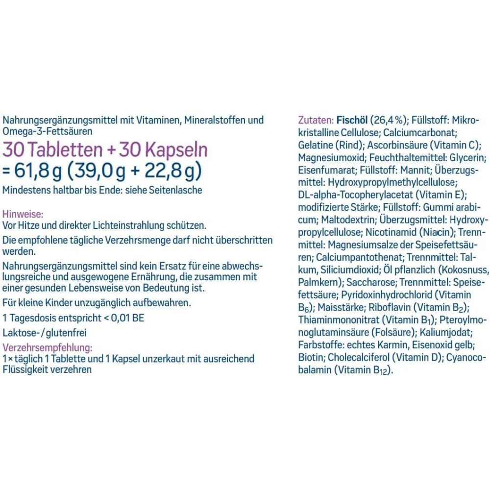 Produktinformationen: 30 Tabletten + 30 Kapseln. Inhaltsstoffe und Verzehrempfehlung. Text in Deutsch.
