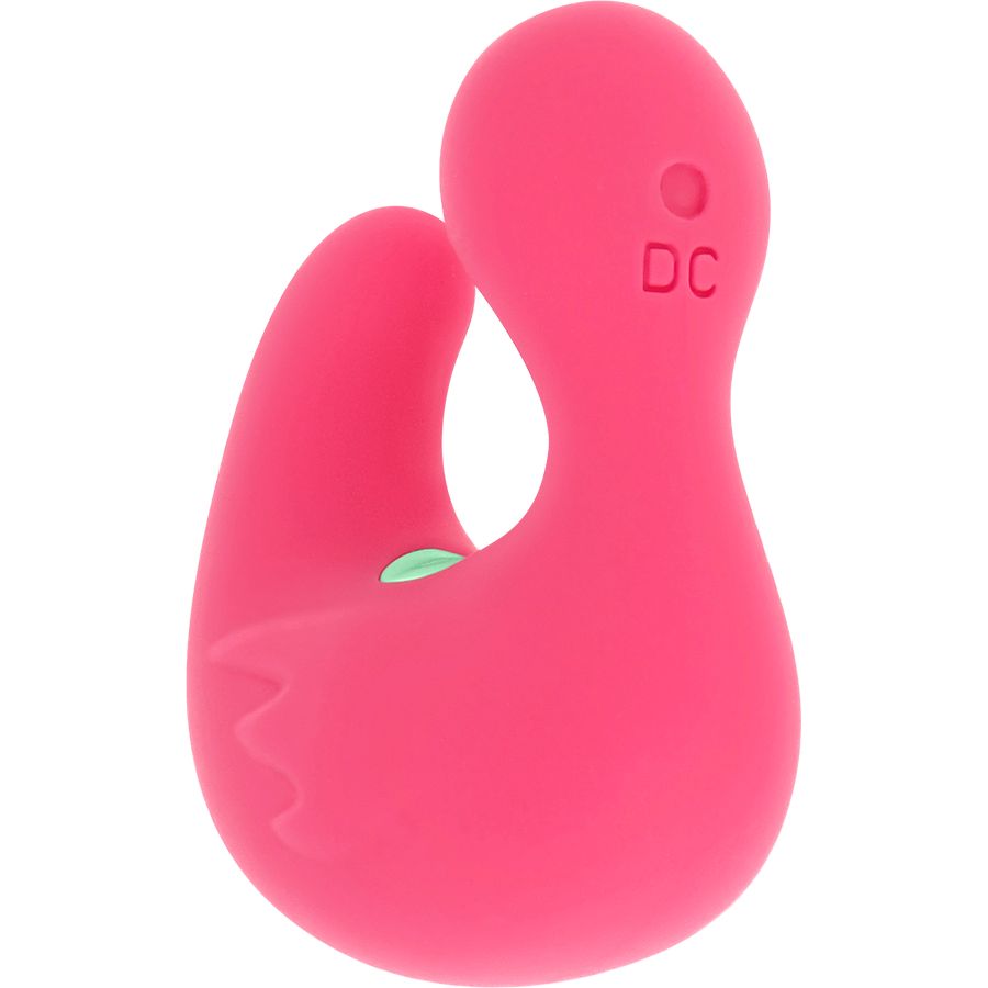 Pinker Silikon-Enten-Stimulator, Rückansicht. Zeigt Ladeanschluss und 'DC' Markierung.