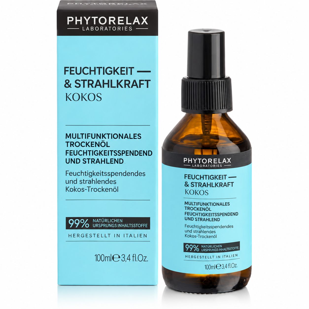 Flasche und Schachtel mit Phytorelax Kokosöl. 100ml. "Feuchtigkeit & Strahlkraft Kokos".