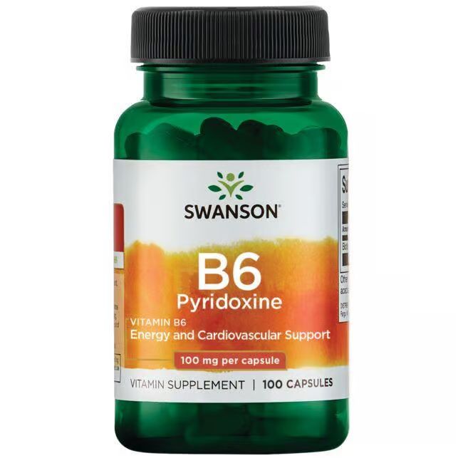 Grüne Flasche mit schwarzem Deckel. Etikett mit SWANSON, B6 Pyridoxin, 100 mg pro Kapsel. Vitamin-B6-Nahrungsergänzungsmittel.