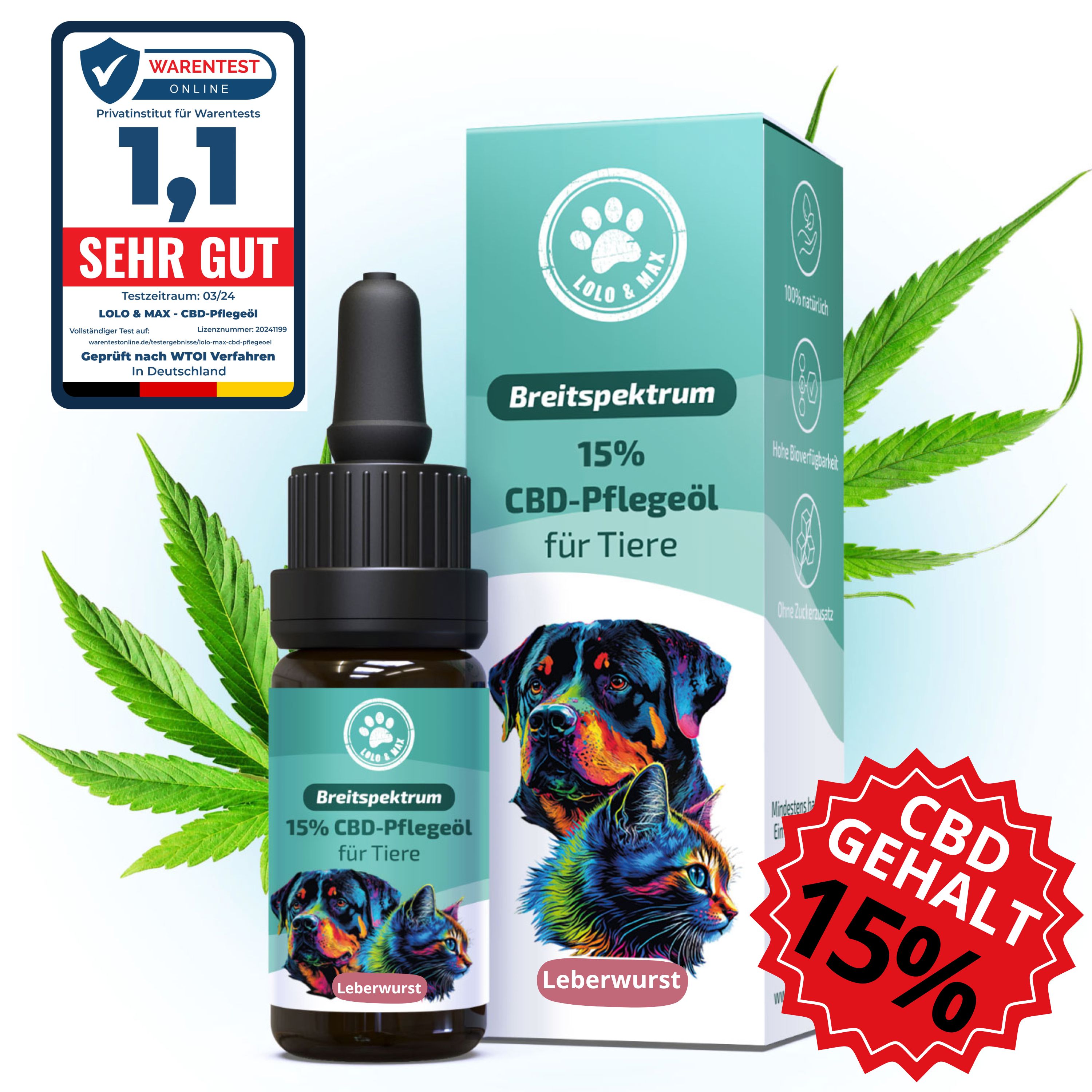CBD-Pflegeöl-Flasche und -Verpackung. WarenTest-Siegel. Text: Breitspektrum 15% CBD-Pflegeöl für Tiere. CBD-Gehalt 15%. Leberwurst.