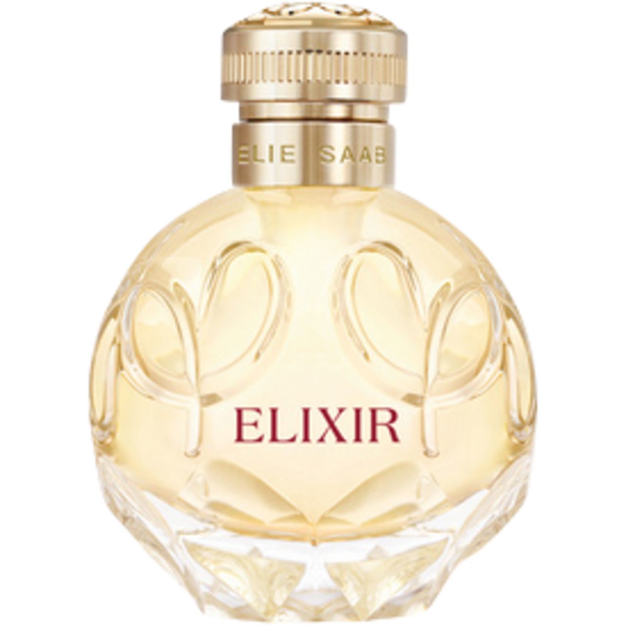 Runder Flakon mit goldfarbenem Deckel. Aufschrift "ELIXIR" in Rot. Geätztes Glas mit floralem Muster. Marke "ELIE SAAB" am Deckel.