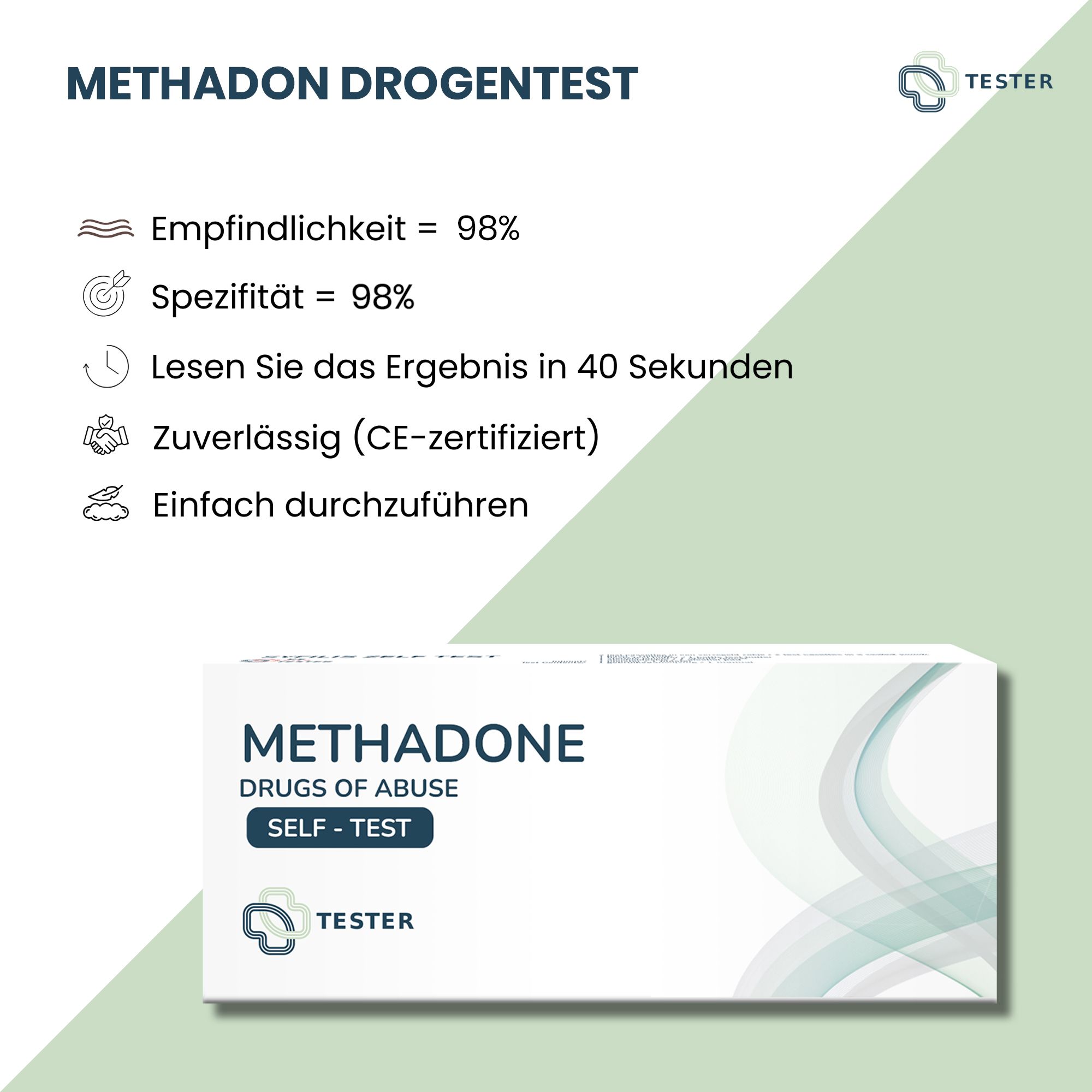 Produktverpackung mit Text "METHADON DROGENTEST". Text: Empfindlichkeit 98%, Spezifität 98%, Ergebnis in 40 Sekunden, CE-zertifiziert.
