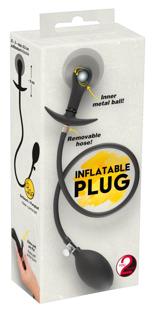 Schwarzer, aufblasbarer Plug mit Pumpe. Besteht aus Plug, Schlauch und Pumpe. Metallverbindungen.