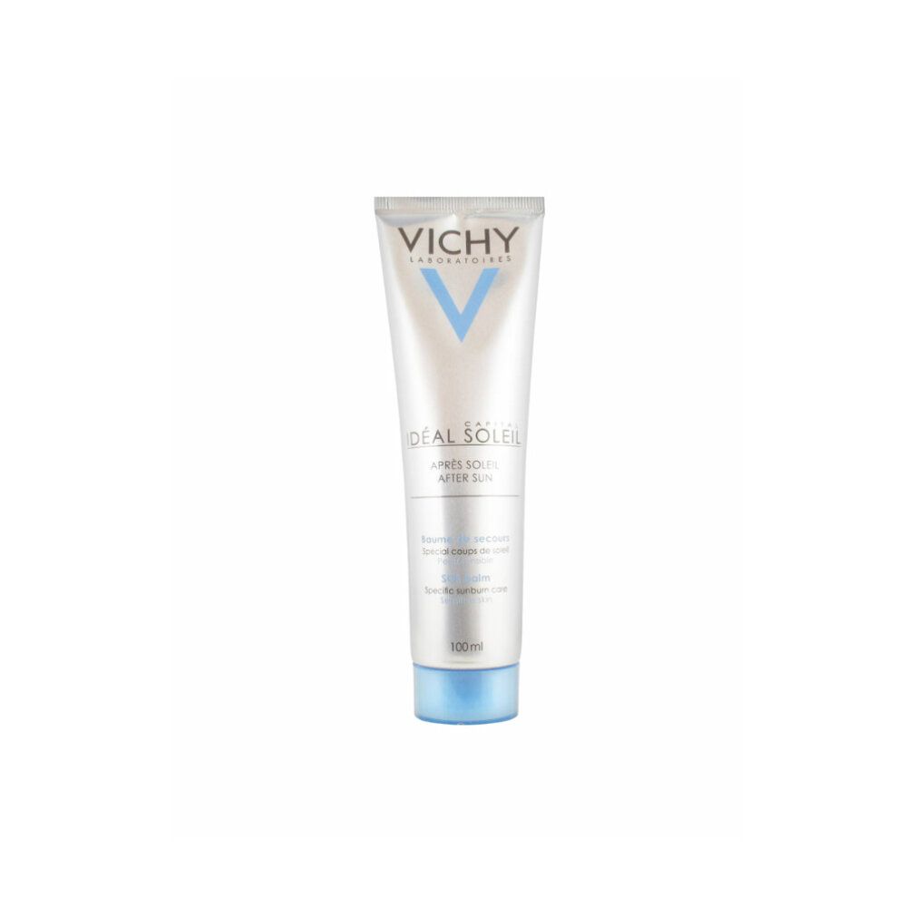 Weiße Tube mit blauem Verschluss. Aufschrift: VICHY, Idéal Soleil, Après Soleil, SOS balm. 100ml.