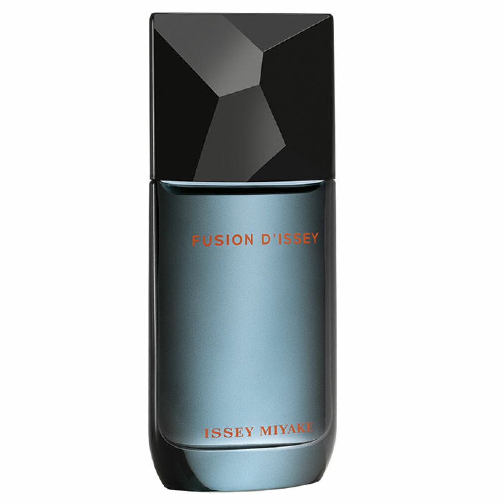 Issey Miyake Fusion d'Issey Flakon. Blauer Flakon mit schwarzem, facettiertem Deckel. Produktname.