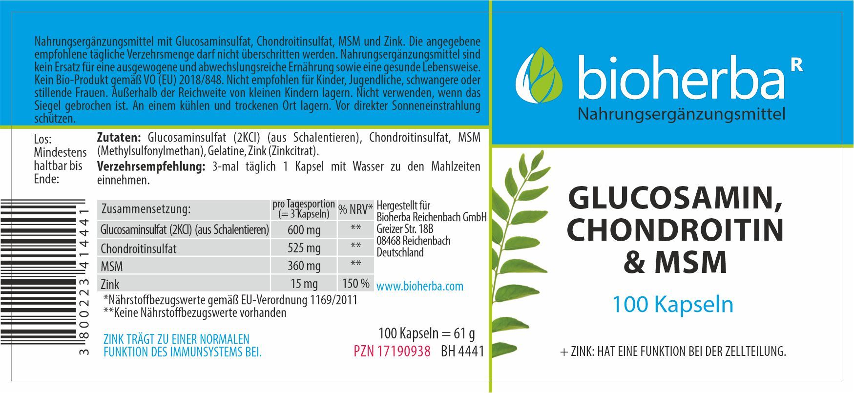 Produktetikett mit Inhaltsstoffen und Herstellerinformationen. Enthält Glucosamin, Chondroitin, MSM und Zink. Text in deutscher Sprache.