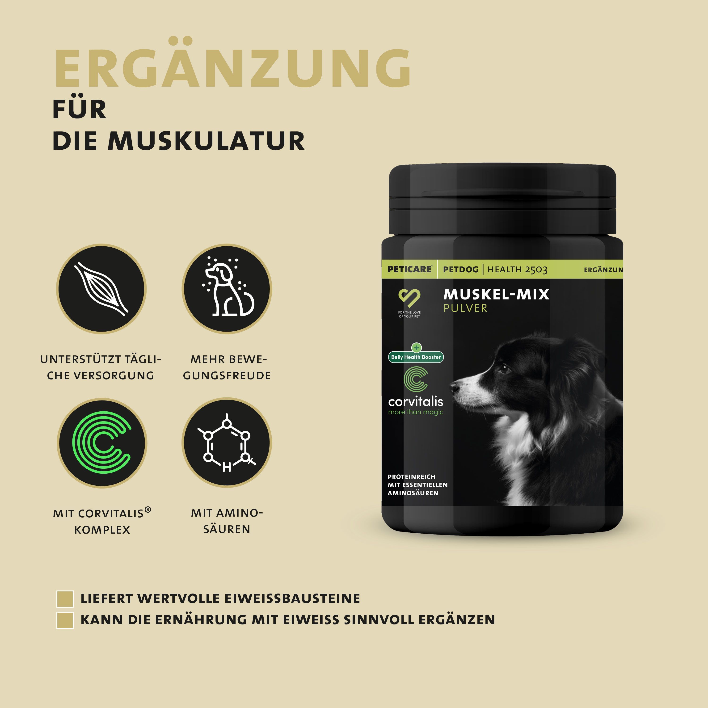 Peticare Muskel-Mix Pulver. Ergänzung für die Muskulatur. Mit Corvitalis Komplex und Aminosäuren. Schwarz.