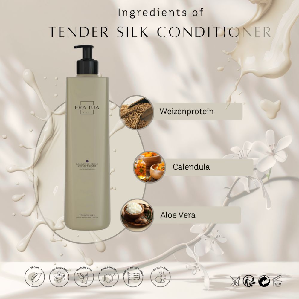 Beige Flasche mit schwarzem Pumpdeckel. Text: Era Tua, Tender Silk Conditioner. Zutaten: Weizenprotein, Calendula, Aloe Vera.
