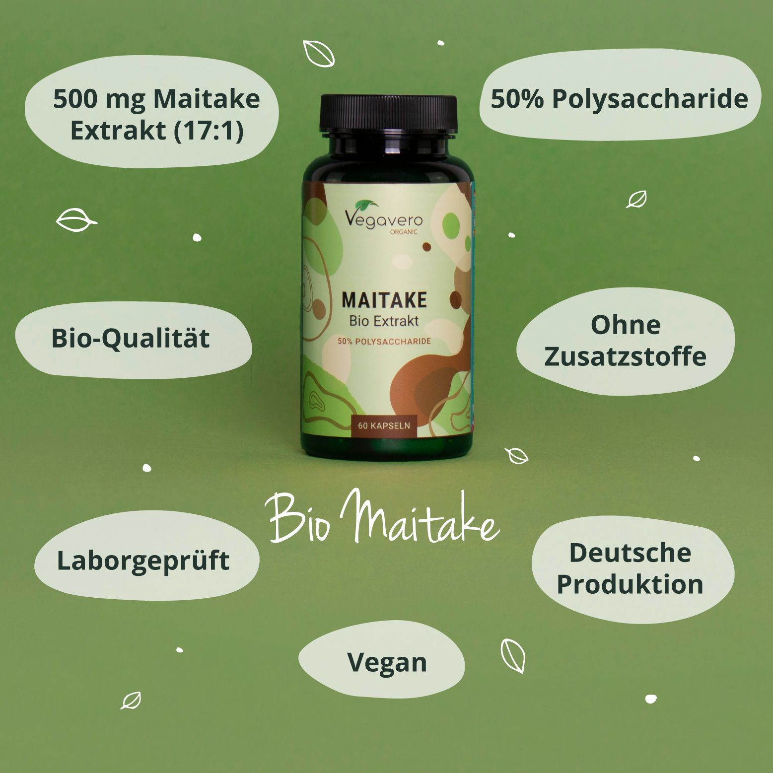 Kapsel-Dose mit Aufschrift: Vegavaro, Maitake Bio Extrakt, 50% Polysaccharide, 60 Kapseln. Zusätzliche Informationen: Bio-Qualität, ohne Zusatzstoffe, vegan.