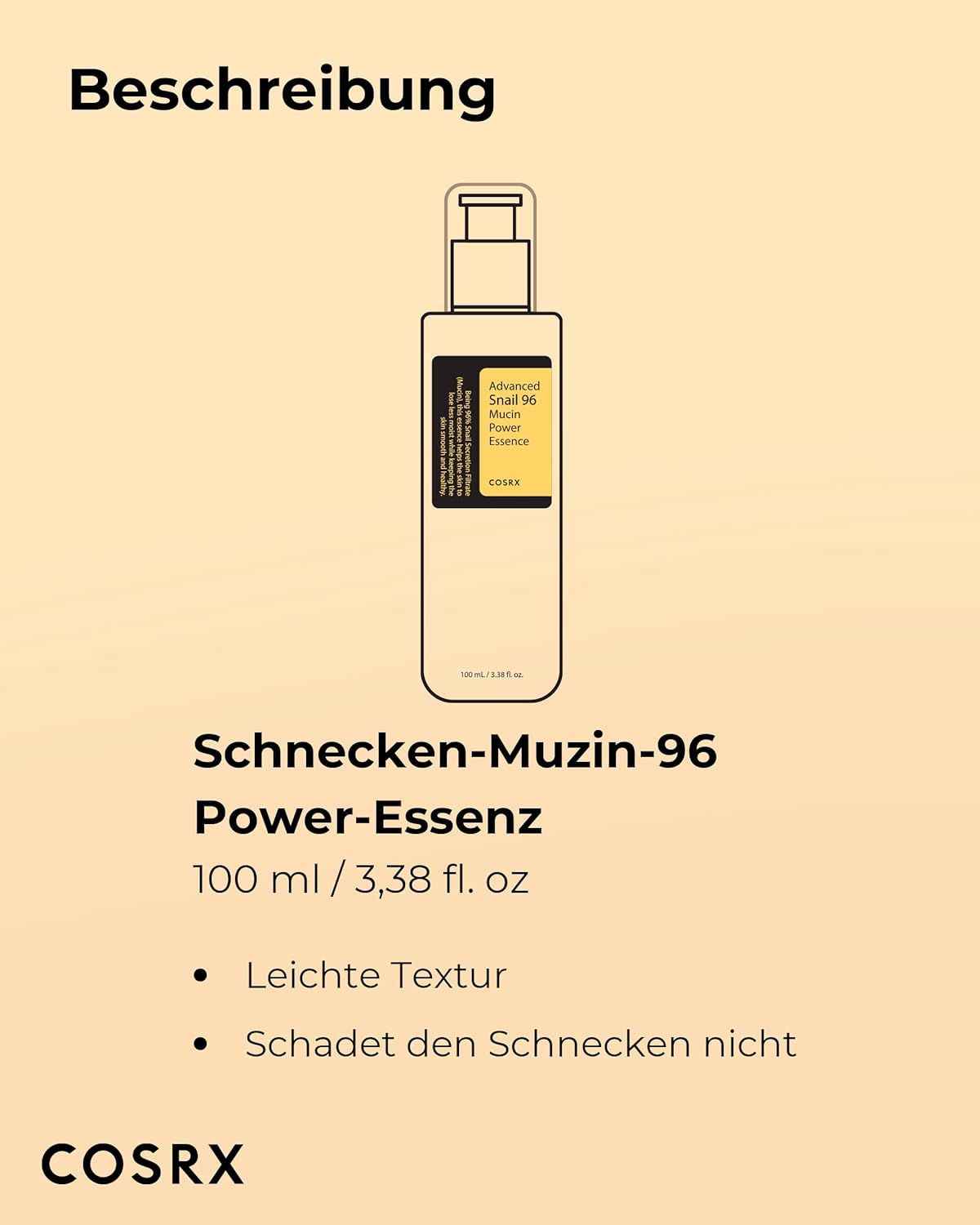 Produktabbildung und Beschreibung. Schnecken-Muzin-96 Power-Essenz. 100 ml/3,38 fl. oz. Marke COSRX.