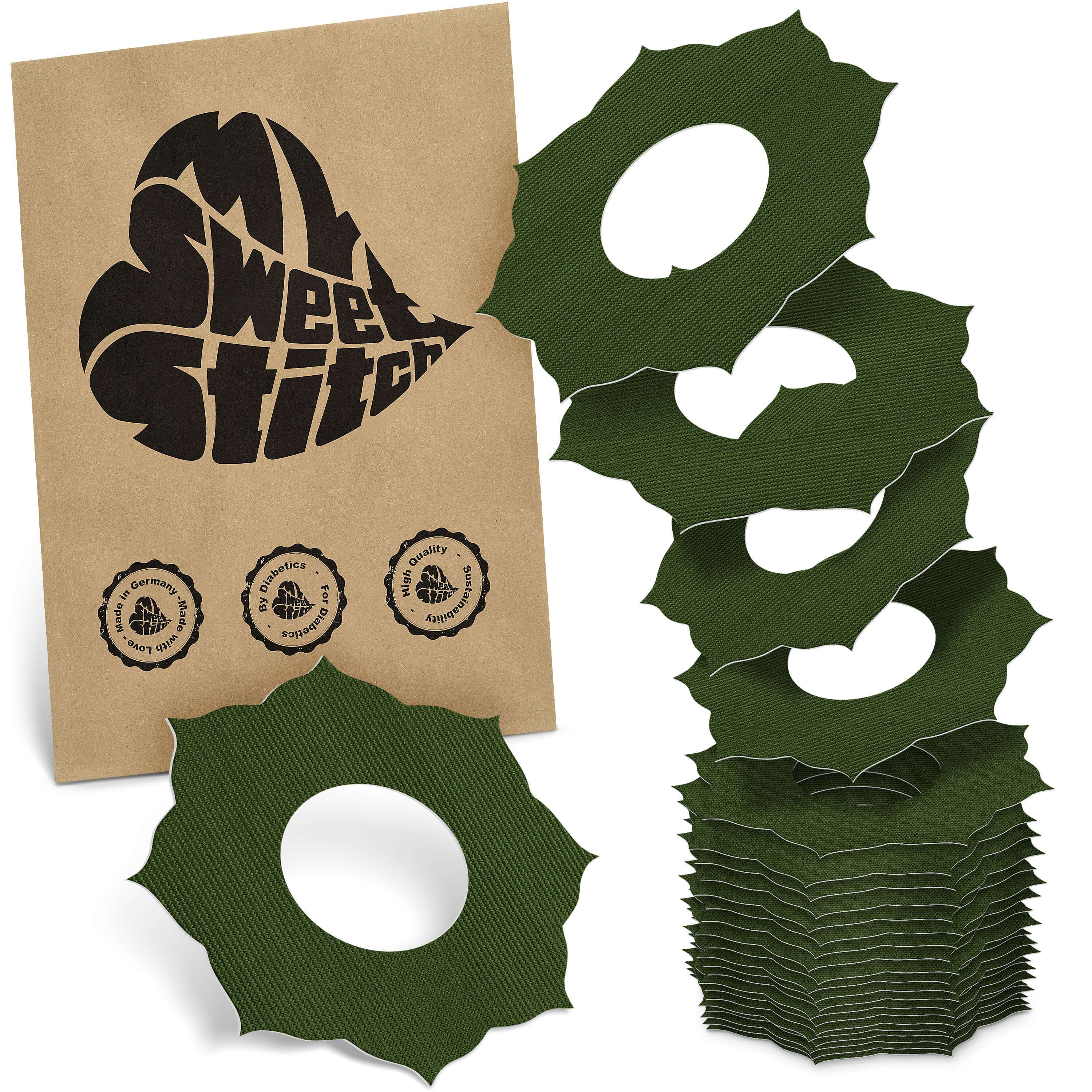 Grüne Ringpflaster mit Mandalamuster und zentralem Loch. Verpackung mit Logo 'MySweetStitch'.