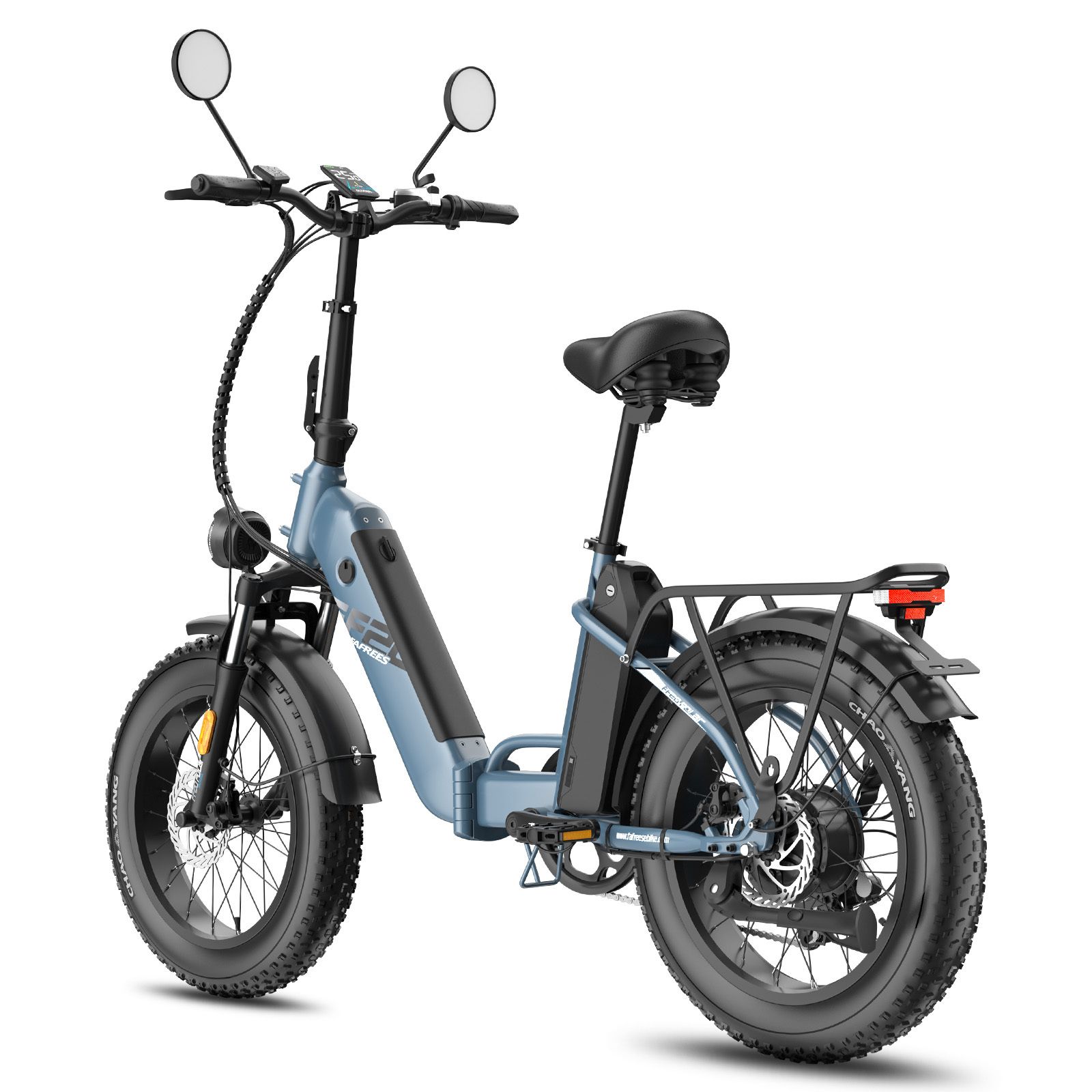 Blaues Fafrees FF20 Polar E-Bike mit Doppelladung. Schwarze Reifen, Sattel und Gepäckträger. Rücklicht.