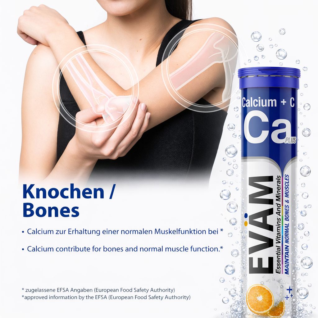 EVÄM Calcium + Vitamin C Brausetabletten. Tube. Calcium für Knochen. Abbildung von Knochen. Text: Calcium trägt zur normalen Muskelfunktion bei.