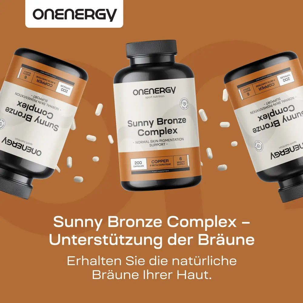 Frau genießt die Sonne, daneben eine Dose OnEnergy Sunny Bronze Complex.