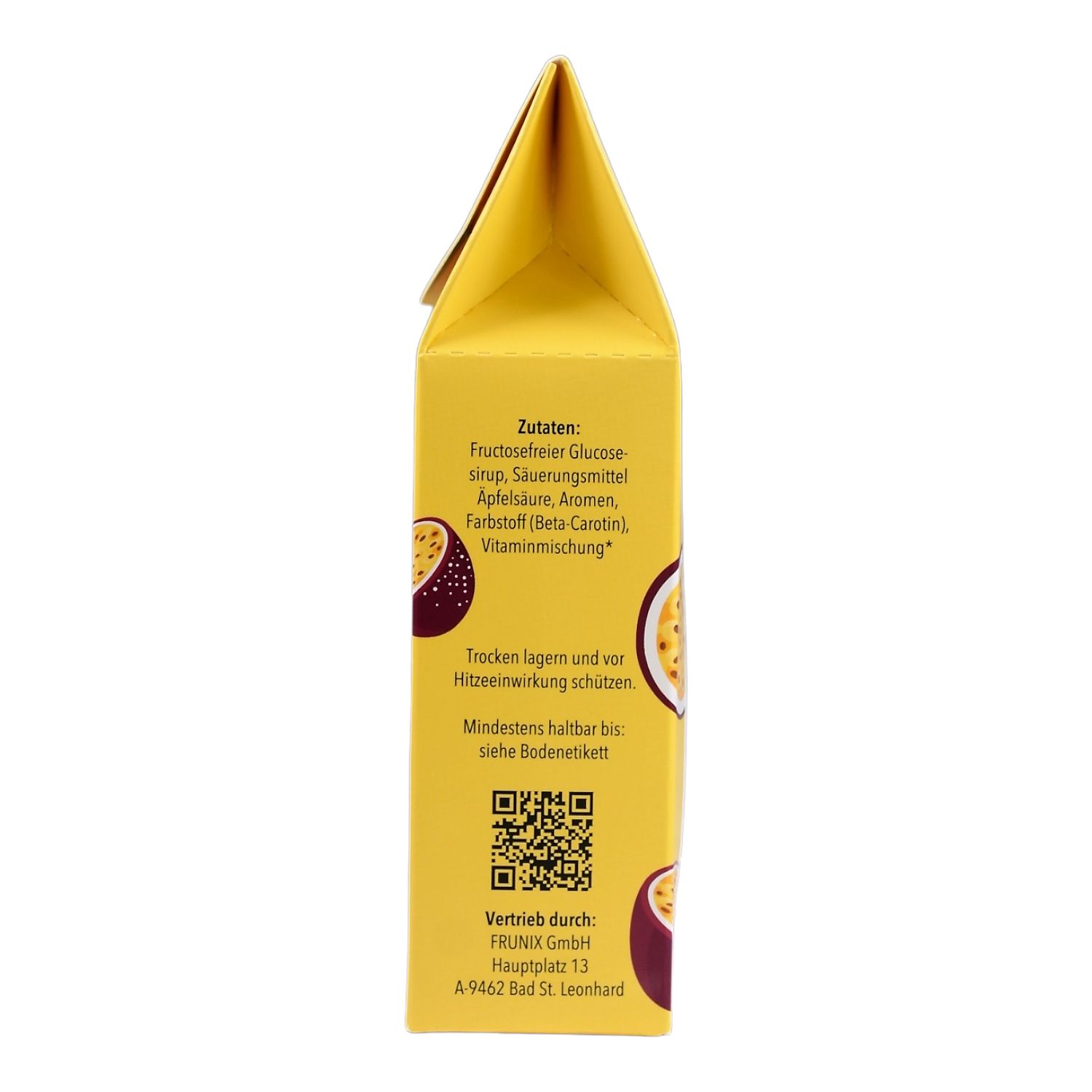 Gelbe Verpackung mit Text. Aufschrift: Zutaten, Trocken lagern, Mindesthaltbarkeit, QR-Code, Frunix GmbH.