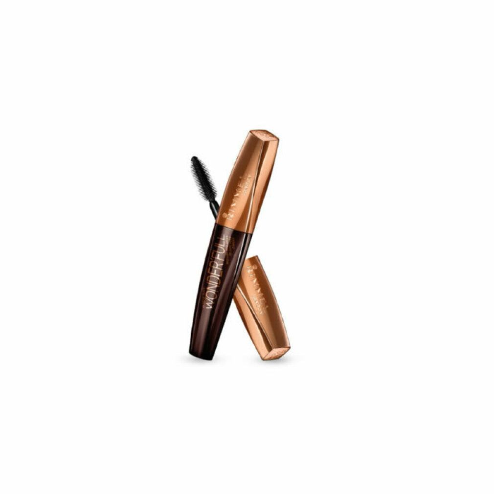 Mascara-Tube und Deckel liegen. Dunkelbraun mit goldfarbenem Deckel. Schriftzug: Rimmel Wonder'full.