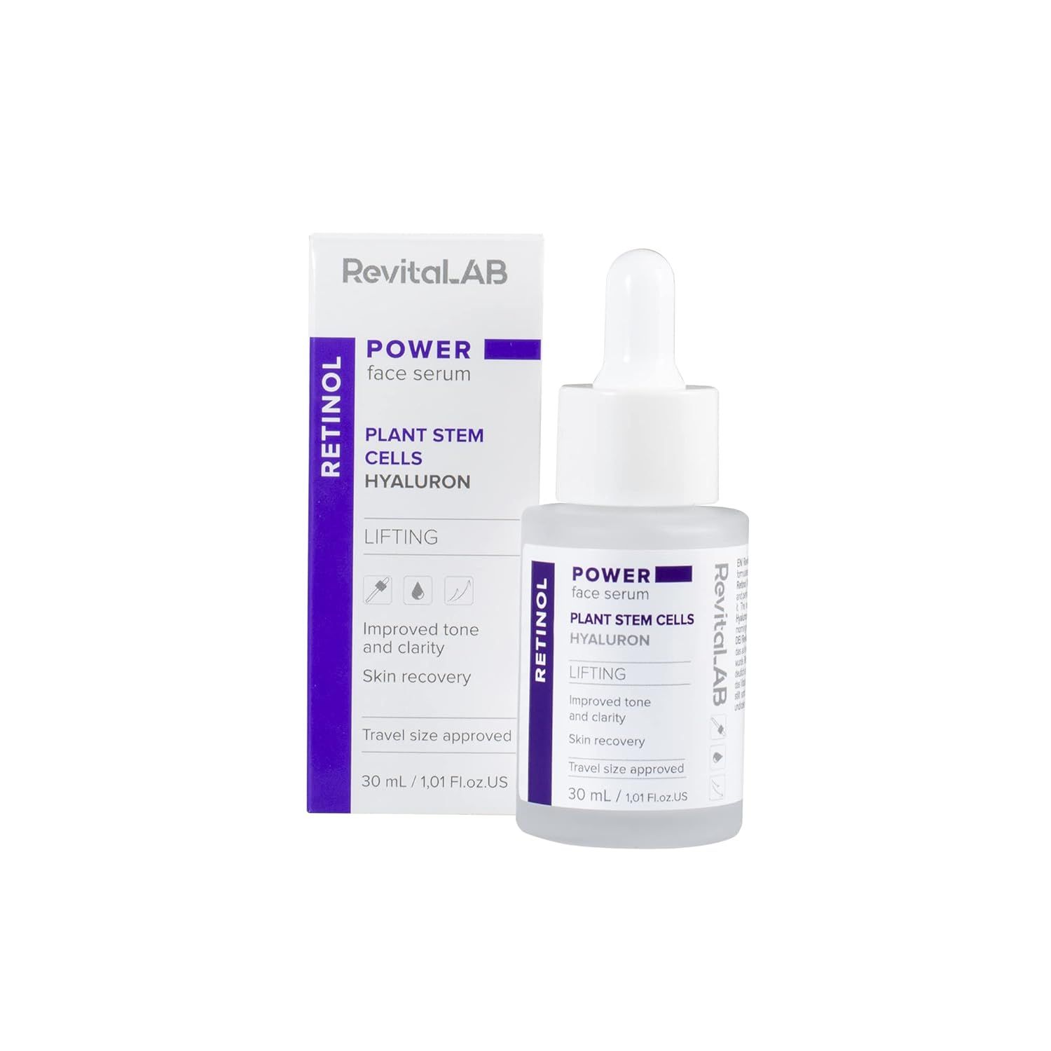 Serumflasche und Verpackung. Aufschrift: POWER face Serum, Retinol, Pflanzenstammzellen, Hyaluron. Lila Akzente. 30 ml.