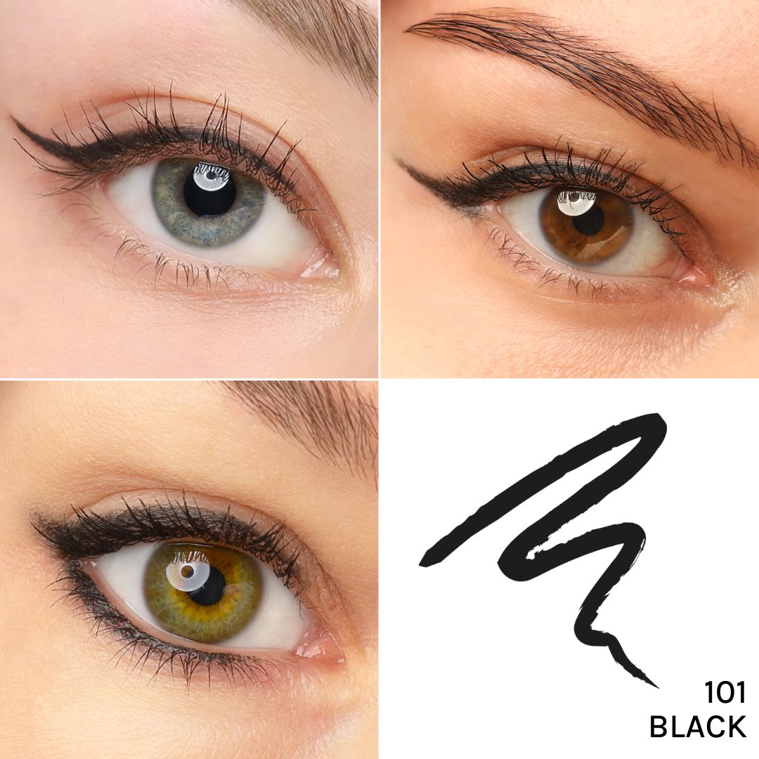 Vier Augen mit Kajal-Eyeliner. Schwarze Linie und Text: 101 BLACK.