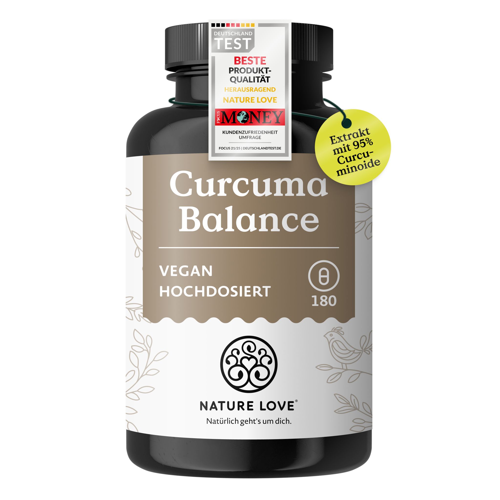 Flasche Curcuma Balance, vegan, hochdosiert. Siegel: Deutschland Test, Beste Produkt-Qualität.