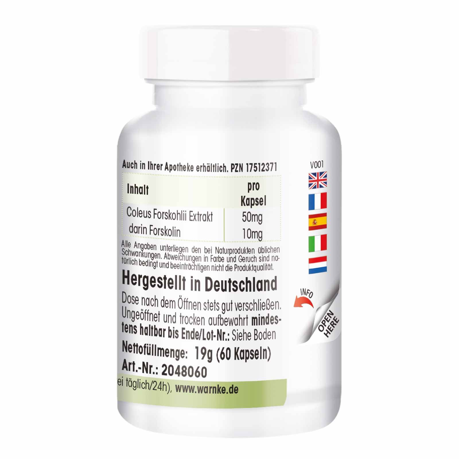 Rückseite der Kapsel-Dose. Text: Inhaltsangaben, Hergestellt in Deutschland, Nettomenge 19g (60 Kapseln).